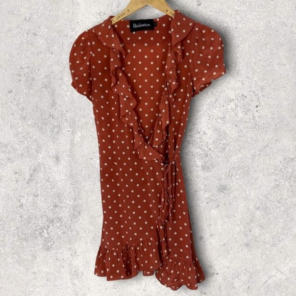 Realisation Par 100% Silk Brown Polka Dot Ruffle Wrap Dress Size XS Valentina - Picture 4 of 11